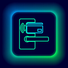 Glowing neon line Digital door lock with wireless technology for unlock icon isolated on black background. Door handle sign. Security smart home. Colorful outline concept. Vector.