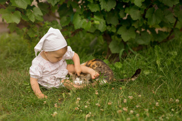 A child plays with a cat on the lawn. The girl hugs the cat tightly. A cat in the arms of a little girl. World Pets Day