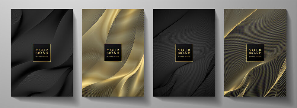 Modern Cover Design Set. Gold Abstract Line Pattern (guilloche Curves) In Premium Colors: Black And Gold . Luxury Wavy Stripe Vector Layout For Business Background, Certificate, Brochure Template