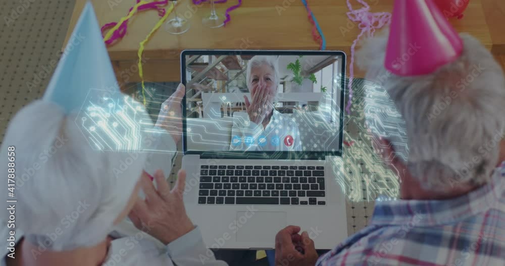 Poster microprocessor connections key icon against senior couple having a video call at home
