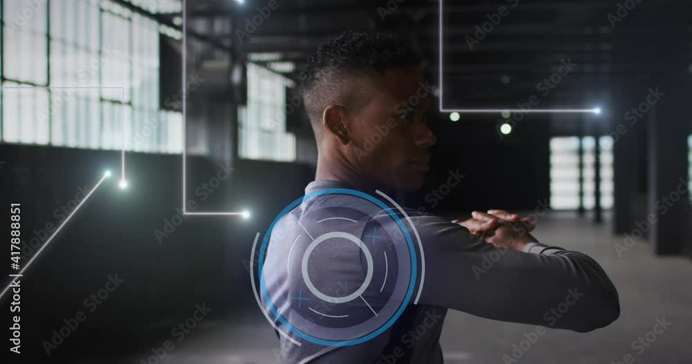 Poster animation of data processing over man stretching, exercising in gym
