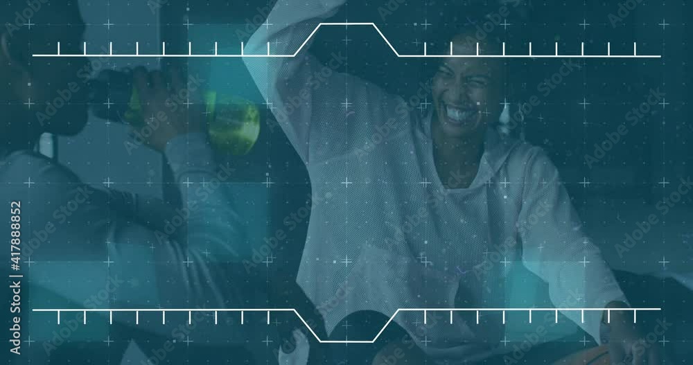 Poster animation of data processing over man and woman high fiving taking break during exercise