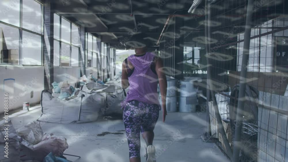 Poster animation of binary data processing over woman running in gym