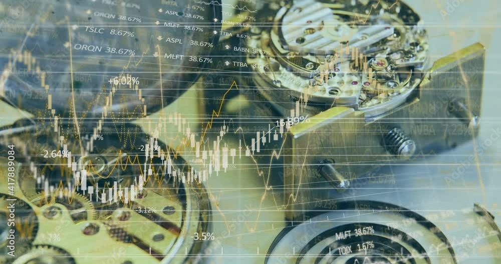 Poster animation of financial data processing over machine parts