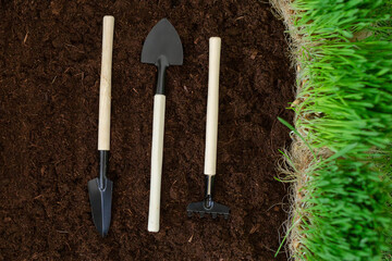 Shovels and rakes on the ground, preparing for the planting of the crop. Earth Day. Planet earth.