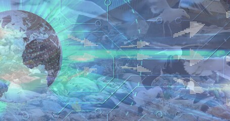 Animation of financial data processing with a globe over a garbage dump - Powered by Adobe
