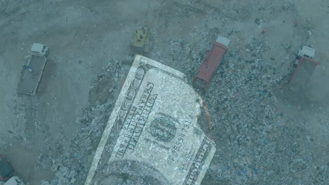 Animation of burning american dollar bill over a garbage dump