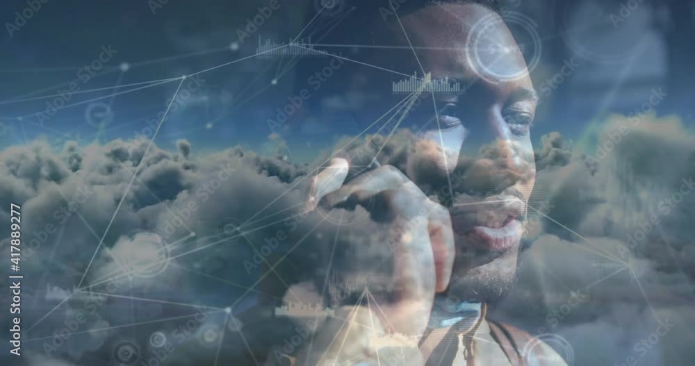 Poster animation of clouds and a network of connections with smiling man talking on smartphone