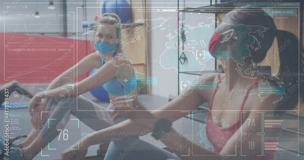 Aufkleber animation of graphs and statistics over diverse group wearing face masks working out