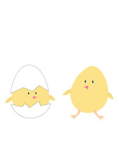 Cute cartoon chicken standing next to a little chicken in shell, vector illustration