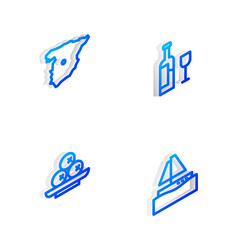 Set Isometric line Wine bottle with glass, Map of Spain, Olives on plate and Yacht sailboat icon. Vector.