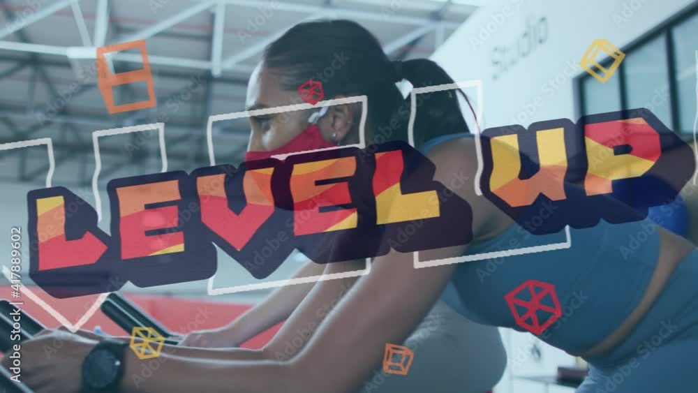 Poster animation of words level up over diverse group wearing face masks working out