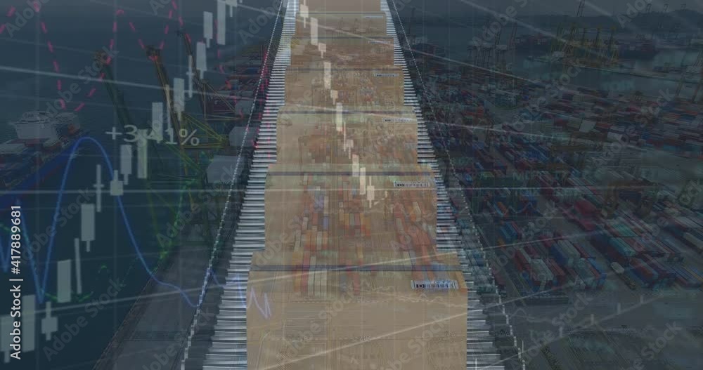 Aufkleber animation of statistics data processing over cardboard boxes on conveyor belt and shipping port