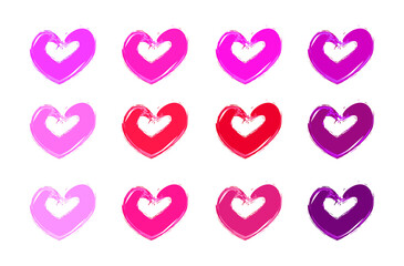 Fototapeta premium Fashionable contemporary make-up set of beautiful spots in the form of hearts painted with a brush and a finger. Red shades. Lipstick, blush, lip pencil.