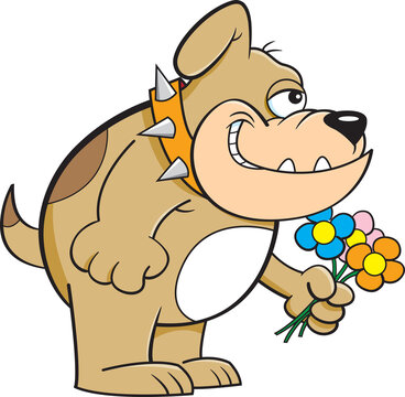 Cartoon illustration of a smiling bulldog holding flowers.