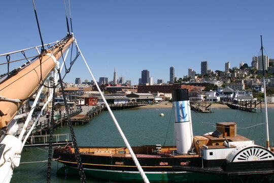 San Francisco, California, From the Balclutha Clipper Ship Looking at the Bowsprit and The Cityscape Skyline