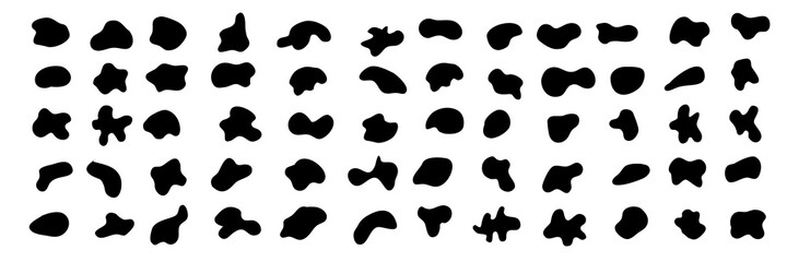 Black random abstract shapes of spots, drops, blot, stone. Vector elements liquid forms, liquid dynamic forms.