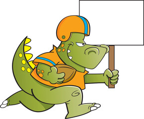 Cartoon illustration of a dinosaur playing football and holding a large sign.