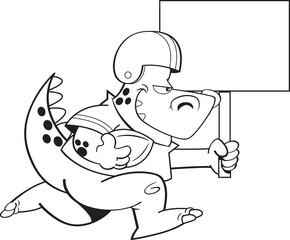 Black and white illustration of a dinosaur playing football and holding a large sign.