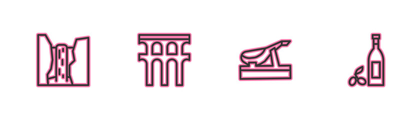 Set line Algar waterfall, Spanish jamon, Aqueduct of Segovia and Bottle olive oil icon. Vector.