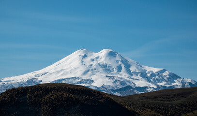 Elbrus And Green Hills At Sunny Summer Day. Elbrus Region, North Caucasus, Russia