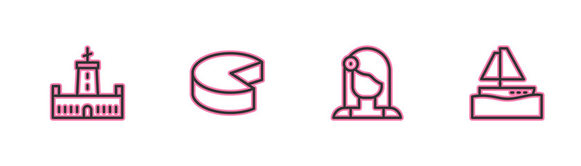 Set line Montjuic castle, Spanish woman, Cheese and Yacht sailboat icon. Vector.