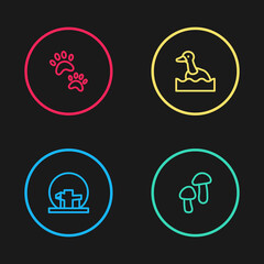 Set line Montreal Biosphere, Mushroom, Flying duck and Paw print icon. Vector.
