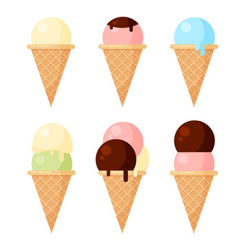 Ice cream set in a cone with different fillings in trendy cartoon style. Ice lolly collection. Vector illustration isolated on white background for web design or print.	