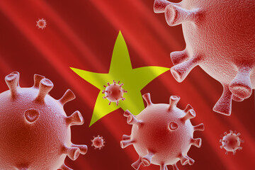 Obraz premium COVID-19. Coronavirus cells on the background of the flag of Vietnam. 3D illustration
