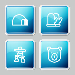 Set line Igloo ice house, Christmas mitten, Inukshuk and Bear head icon. Vector.