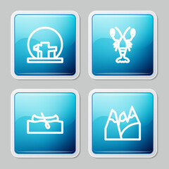 Set line Montreal Biosphere, Lobster, Kayak or canoe and Mountains icon. Vector.