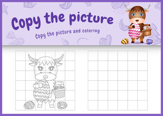 copy the picture kids game and coloring page themed easter with a cute buffalo holding the bucket egg and easter egg