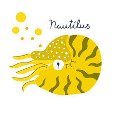 Fototapeta premium Cute hand drawn Nautilus in the shell. Underwater, sea nature concept. Flat illustration.