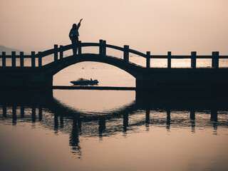 Landscape of Gangzihou beach with ancient stone bridge,located in Gulangyu island,Xiamen,Fujian,China