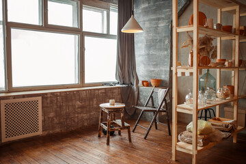 Pottery workshop. Clay product shelving