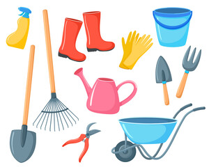 Vector set of gardening tools in cartoon style. Illusion isolated on white background. Bright colored garden wheelbarrow, boots, shovels
