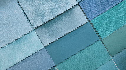 close up catalog of interior luxury fabric sample chart showing multi texture and pattern blue...