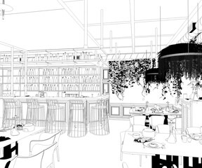 bar counter in a nightclub, contour visualization, 3D illustration, sketch, outline