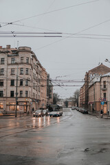 Busy street in Riga, Latvia in a rainy day.