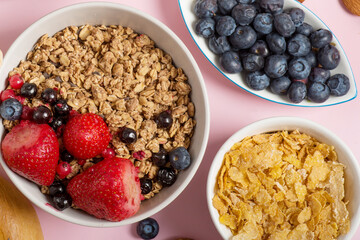 flakes with berries on a pink background