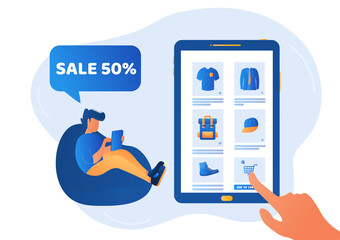 Online businessman concept illustration Selling shirts and pants online Business offering Buying skins, trade through APP online