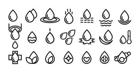 Collection of water icons. Set of vector linear isolated symbols of water, drop, blood, rain, wave.