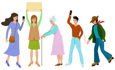 A set of different people.Smiling girl with a phone, a girl with a banner, an old woman with a stick, a smiling young man with a phone, a running man in a hat with a cigarette. Colored flat vector 