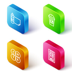 Set Isometric line Roll of paper, Coffee cup to go, CMYK color mixing and News icon. Vector.