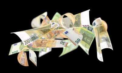 euro money rain isolated black background 3d