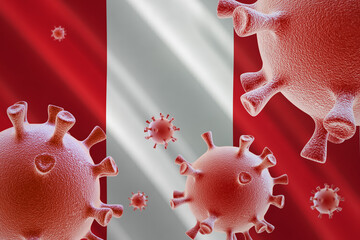 Obraz premium COVID-19. Coronavirus cells on the background of the flag of Peru. 3D illustration