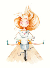 Cycling. Watercolor illustration Girl with a cat enjoy a bike ride.