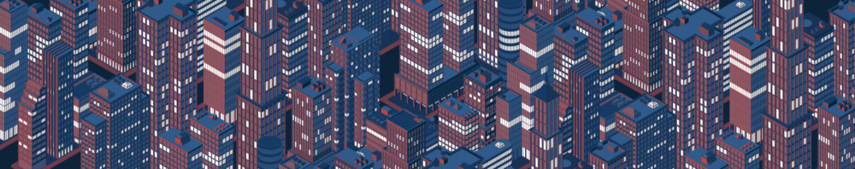 Isometric night cityscape, city view, cityskyline. Vector illustration in flat design.