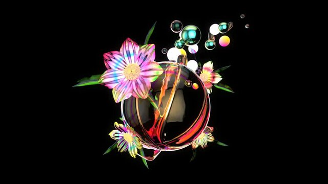 4K abstract art of a basketball with flowers and bubbles
