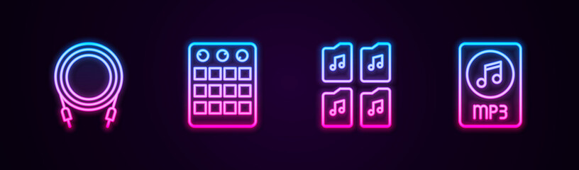 Set line Audio jack, Drum machine, Music file document and MP3. Glowing neon icon. Vector.